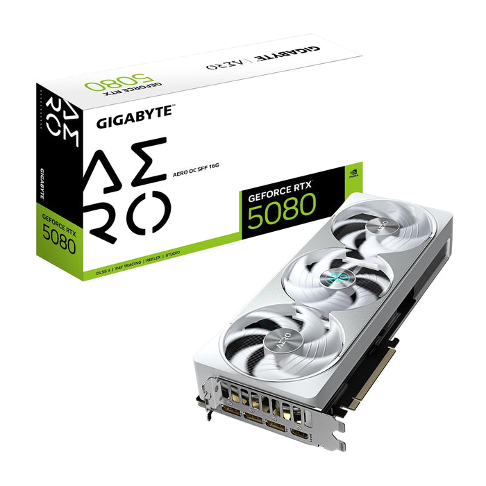Gigabyte NVIDIA GeForce RTX 5080 AERO OC SFF 16G Graphics Card, 16GB GDDR7, 10752 CUDA Cores, 2730 MHz Core Clock, Triple Fan, White, RGB, 3x DisplayPorts / 1x HDMI Port-Graphics Cards-Gigante Computers