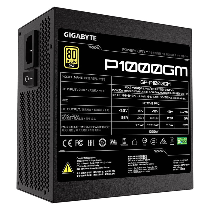 Gigabyte P1000GM 1000W PSU, 120mm Smart Hydraulic Bearing Fan, 80 PLUS Gold, Fully Modular, UK Plug, High-Quality Japanese Capacitors, Powerful Single +12V Rail-Power Supplies-Gigante Computers