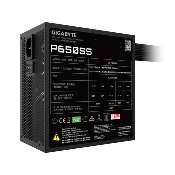 Gigabyte P650SS 650W ATX Power Supply, 80 PLUS Silver, ATX 3.0, ATX 3.1 Compatible, 120mm Fluid Dynamic Bearing Fan, Non-Modular, Flat Cables, Black-Power Supplies-Gigante Computers