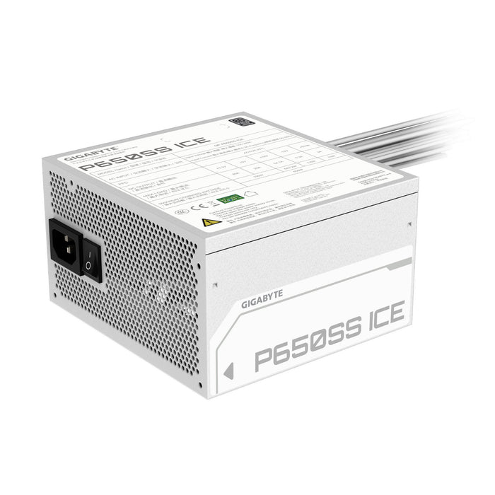 Gigabyte P650SS ICE 650W ATX Power Supply, 80 PLUS Silver, ATX 3.0, PCIe 5.0, 120mm Fluid Dynamic Bearing Fan, Non-Modular, Flat Cables, White-Power Supplies-Gigante Computers