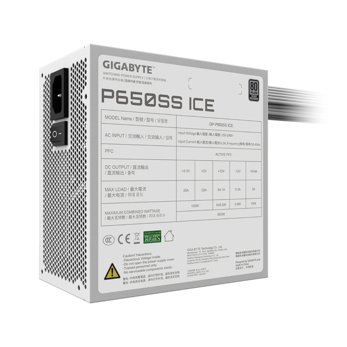 Gigabyte P650SS ICE 650W ATX Power Supply, 80 PLUS Silver, ATX 3.0, PCIe 5.0, 120mm Fluid Dynamic Bearing Fan, Non-Modular, Flat Cables, White-Power Supplies-Gigante Computers