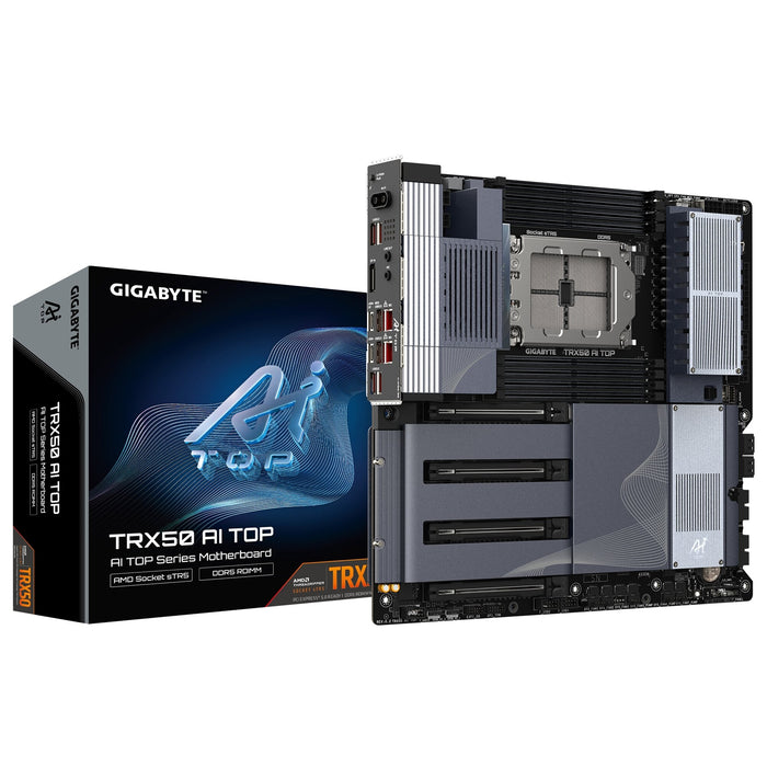 Gigabyte TRX50 AI TOP AMD sTR5 Socket Motherboard, E-ATX, 8x DDR5 Slots, 4x M.2 Sockets, Fitted I/O Shield, 2x 10GbE LAN, Wi-Fi 7, 1x DisplayPort / 1x USB-C (USB4)-Motherboards-Gigante Computers