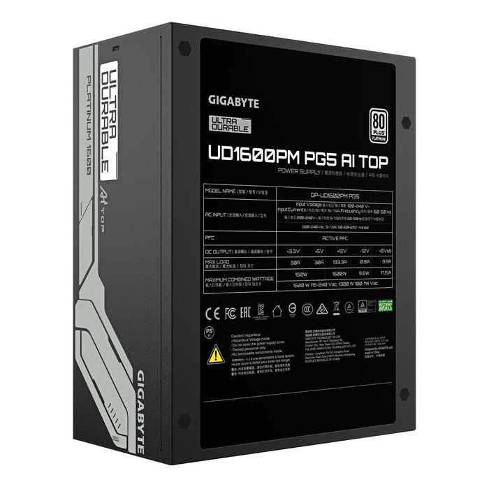 Gigabyte UD1600PM PG5 AI TOP 1600W Fully Modular Power Supply, 80 PLUS Platinum, ATX 3.1, PCIe 5.0, 12V-2x6 GPU Support, 140mm Cooling Fan, Black-Power Supplies-Gigante Computers