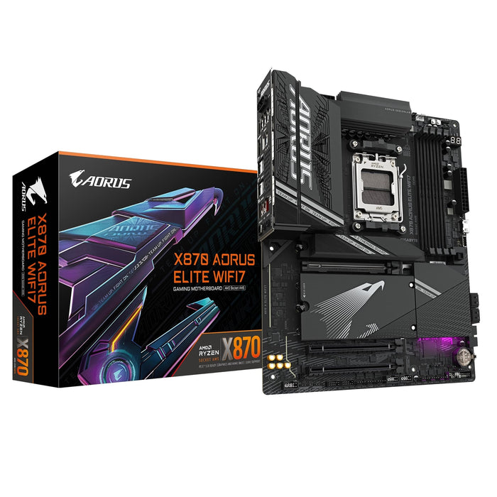 Gigabyte X870 AORUS ELITE WIFI7 AMD AM5 Socket Motherboard, ATX, 4x DDR5 Slots, 3x M.2 Sockets, 3x USB-C Port, Fitted I/O Shield, 2.5GbE LAN, Wi-Fi 7, 2x HDMI Port / 2x USB-C (USB4)-Motherboards-Gigante Computers