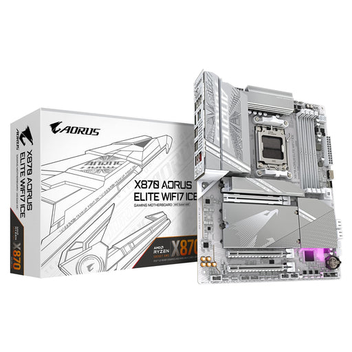 Gigabyte X870 AORUS ELITE WIFI7 ICE AMD AM5 Socket Motherboard, ATX, 4x DDR5 Slots, 4x M.2 Sockets, 3x USB-C Port, Fitted I/O Shield, 2.5GbE LAN, Wi-Fi 7, 2x HDMI Port / 2x USB-C (USB4)-Motherboards-Gigante Computers
