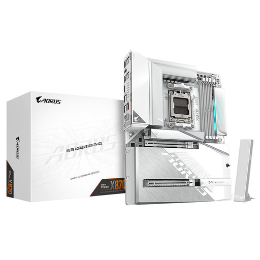 Gigabyte X870 AORUS STEALTH ICE AMD5 Socket Motherboard, ATX, 4x DDR5 Slots, 2x M.2 Socket, 5GbE LAN, 1x HDMI Port-Motherboards-Gigante Computers