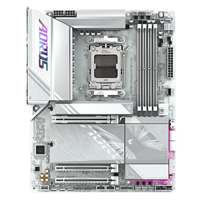 Gigabyte X870E AORUS ELITE WIFI7 ICE AMD AM5 Socket Motherboard, ATX, 4x DDR5 Slots, 4x M.2 Sockets, Fitted I/O Shield, 2.5GbE LAN, Wi-Fi 7, 1x HDMI Port / 2x USB-C (USB4)-Motherboards-Gigante Computers