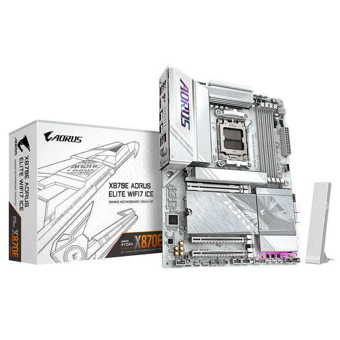 Gigabyte X870E AORUS ELITE WIFI7 ICE AMD AM5 Socket Motherboard, ATX, 4x DDR5 Slots, 4x M.2 Sockets, Fitted I/O Shield, 2.5GbE LAN, Wi-Fi 7, 1x HDMI Port / 2x USB-C (USB4)-Motherboards-Gigante Computers