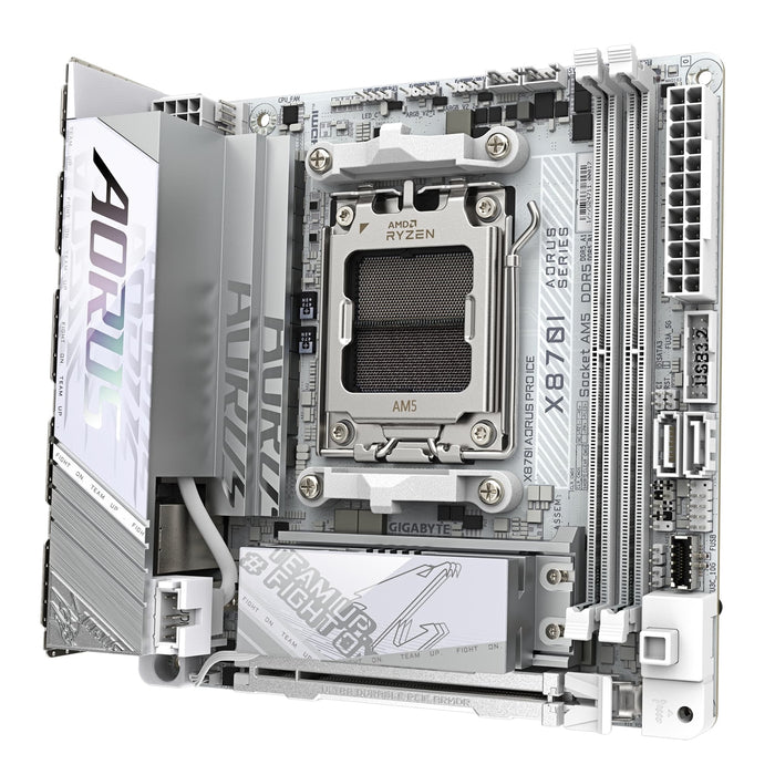 Gigabyte X870I AORUS PRO ICE AMD AM5 Socket Motherboard, Mini-ITX, 2x DDR5 Slots, 2x M.2 Sockets, 3x USB-C Port, Fitted I/O Shield, 2.5GbE LAN, Wi-Fi 7, 1x HDMI Port / 1x USB-C (USB4)-Motherboards-Gigante Computers