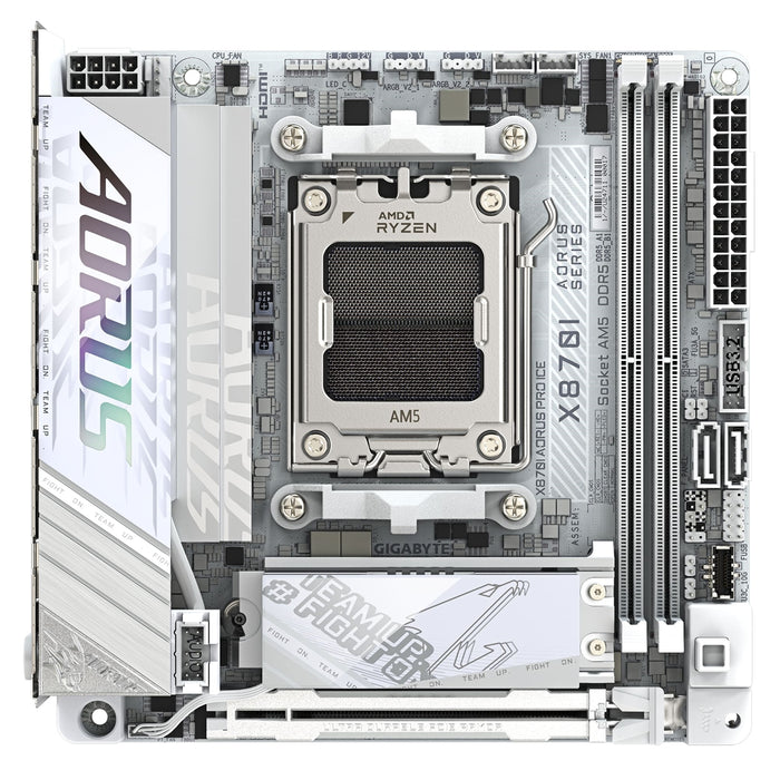 Gigabyte X870I AORUS PRO ICE AMD AM5 Socket Motherboard, Mini-ITX, 2x DDR5 Slots, 2x M.2 Sockets, 3x USB-C Port, Fitted I/O Shield, 2.5GbE LAN, Wi-Fi 7, 1x HDMI Port / 1x USB-C (USB4)-Motherboards-Gigante Computers