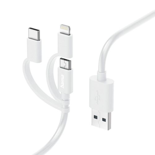 Hama 3-in-1 Multi Charging Cable - USB-A to USB-C/Micro USB/Lightning, Quick Charge, 1 Metre, White, MFI Certified-USB-Gigante Computers