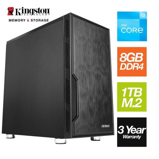 Intel i3 12100 Quad Core 8 Thread 3.30GHz (4.30GHz Boost), 8GB Kingston RAM, 1TB Kingston NVMe M.2, Antec VSK Chassis - Pre-Built PC-System Builds-Gigante Computers