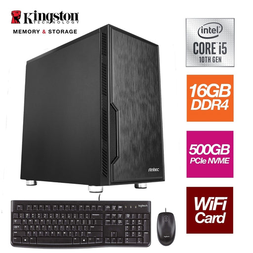 Intel i5-10400 6 Core 12 Threads 2.90GHz (4.30GHz Boost) CPU, 16GB Kingston DDR4 RAM, 500GB Kingston NVMe M.2, Antec VSK Chassis, Wi-Fi 6 + Bluetooth, FREE Keyboard & Mouse - Pre-Built PC-System Builds-Gigante Computers