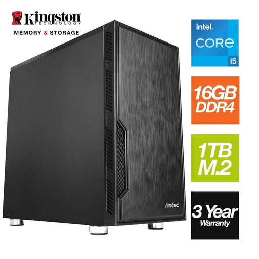 Intel i5 12400 6 Core 12 Thread 2.50GHz (4.40GHz Boost), 16GB Kingston RAM, 1TB Kingston NVMe M.2, WiFi 6 + BT 5.2 - Antec VSK Chassis - Pre-Built PC-System Builds-Gigante Computers