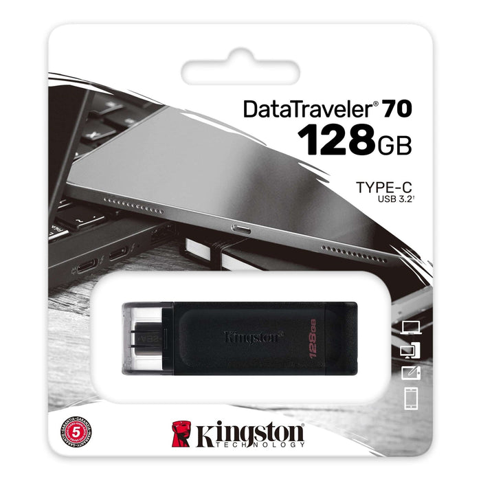 Kingston DT70/128GB DataTraveler 128GB USB Flash Drive, USB 3.2, USB-C, Gen1, 80MB/s, Cap Design, Black, Retail.-USB Memory-Gigante Computers