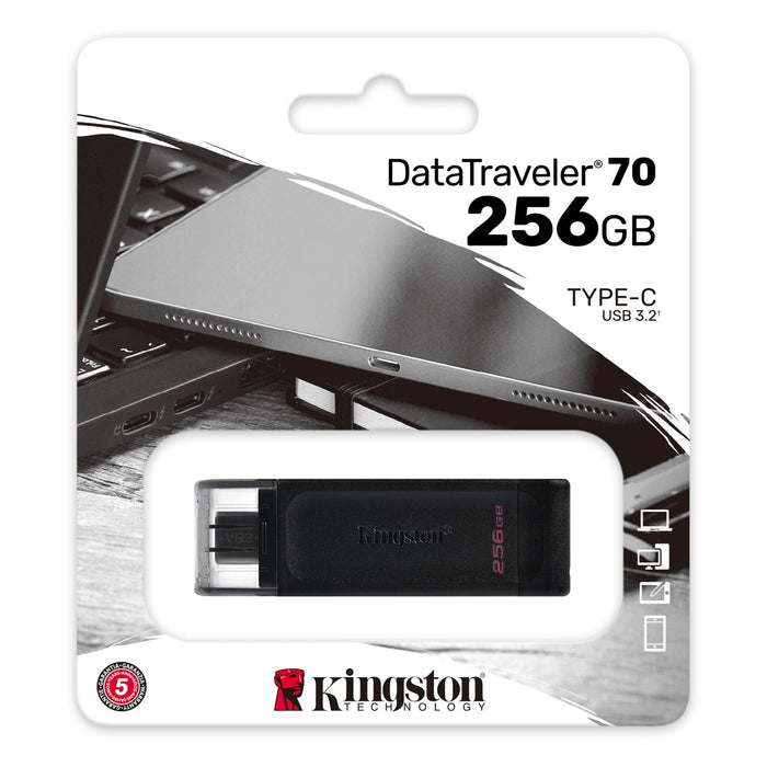 Kingston DT70/256GB DataTraveler 256GB USB Flash Drive, USB 3.2, USB-C, Gen1, 80MB/s, Cap Design, Black, Retail.-Memory-Gigante Computers