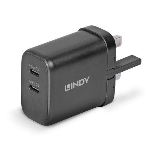 Lindy 65W USB 2 x Type C Charger, Input UK Plug, Output 2 x USB Type C Female, Black-Cables-Gigante Computers