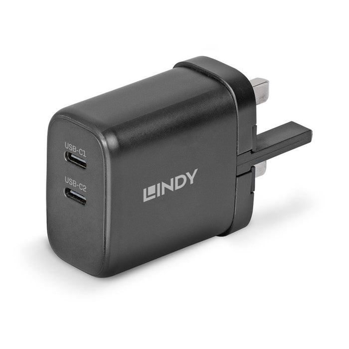Lindy 65W USB 2 x Type C Charger, Input UK Plug, Output 2 x USB Type C Female, Black-Cables-Gigante Computers