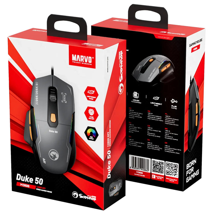 MARVO Duke 50 M368 Wired Gaming Mouse, 6 DPI levels (800 - 12800), 1000Hz Polling Rate, 13 Mode RGB Backlighting, 68g-Mice-Gigante Computers