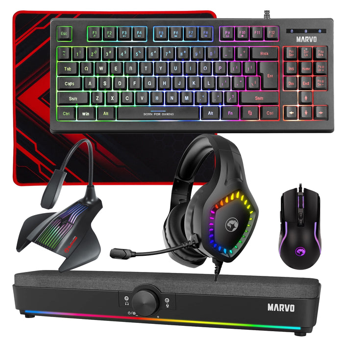 Marvo Scorpion 6-Product Gaming & Streaming Bundle featuring 80% TKL Multimedia Keyboard, Programmable USB Mouse, Non-Slip Mousepad, PC & Console-Compatible RGB Gaming Headset, RGB Stereo Soundbar & USB Streaming Microphone-Keyboard-Gigante Computers