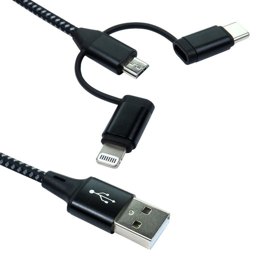 NEWlink 1.2m 3-in-1 USB Charging Cable, USB-A To USB Micro, USB-A To USB-C, USB-A to Lightning - Black-Cables-Gigante Computers