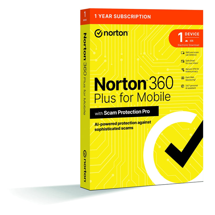 Norton 360 Plus Mobile 1 Device 1-year Subscription, Includes Secure VPN, Password Manager, Dark Web Monitoring and AI-Powered Scam Protection Across Email, Texts, Calls and Web, iOS and Android Retail Boxed-Software-Gigante Computers