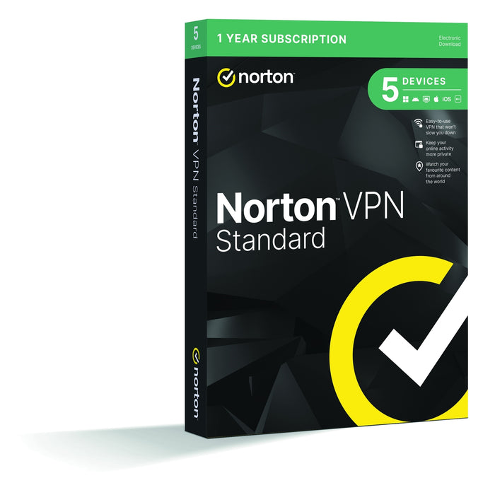Norton VPN 5 Device 1-year Subscription, Includes Change Location, Content Access, Auto Connect and Ad Tracker Blocking, PC/Mac/iOS/Android, Retail Boxed-Software-Gigante Computers