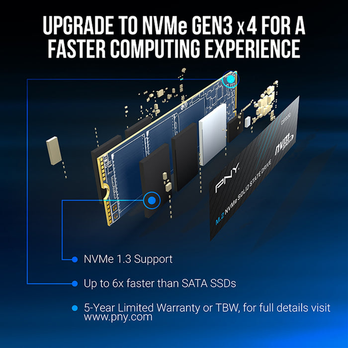 PNY CS1030 (M280CS1030-250-RB) 250GB SSD, PCIe Gen3 x4 Interface,Max Read 2500MB/s, MaxWrite 1100MB/s, 5 Year Limited Warranty-Hard Drives-Gigante Computers