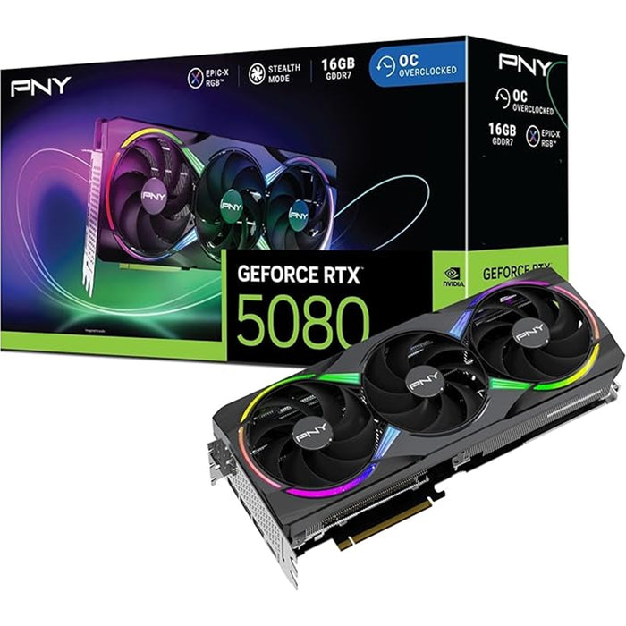 PNY NVIDIA GEFORCE RTX 5080 ARGB EPIC-X RGB OC16GB, GDDR7 Graphics Card, 10,752 Cuda Cores, 22.3GHz Core Clock, Triple Fan, 3 x Display Ports/ 1 x HDMI Port-Graphics Cards-Gigante Computers
