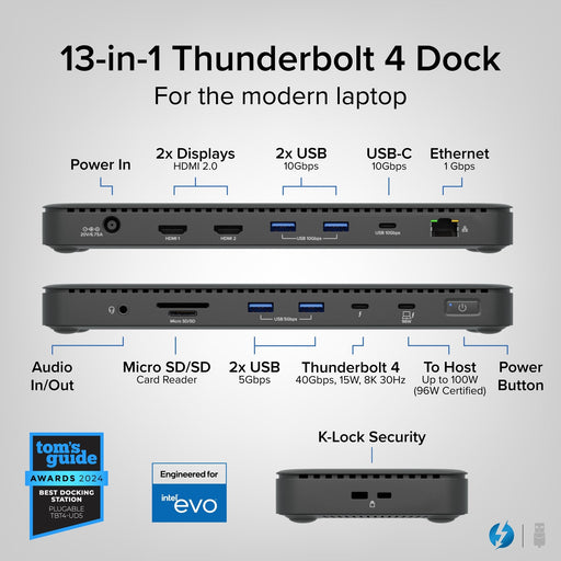 Plugable TBT4-UD5 ThunderBolt 4 Dual Monitor (2x 4K or 1x 8K) 96W USB-C PD Docking Station-Laptop Docks-Gigante Computers