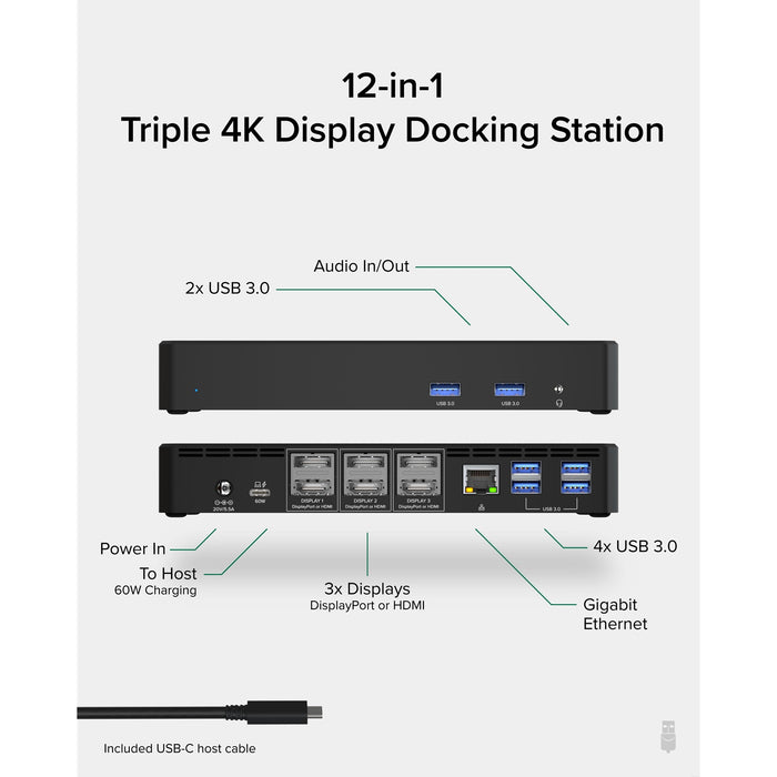 Plugable UD-6950PDZ USB-C Triple Monitor 4K 60W USB-C PD Docking Station-Laptop Docks-Gigante Computers