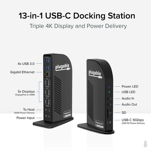 Plugable UD-ULTC4K Triple Monitor 4K 96W USB-C PD DisplayLink Certified Docking Station-Laptop Docks-Gigante Computers