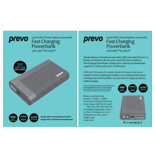 Prevo AD10C 100W USB-C Power Delivery PD 20000mAh Portable Fast-Charging Powerbank with Digital Display, Dual USB-C & USB-A with 100W USB-C Cable Included for Laptops, Ultrabooks, Chromebooks, Smartphones & Tablets-Batteries-Gigante Computers