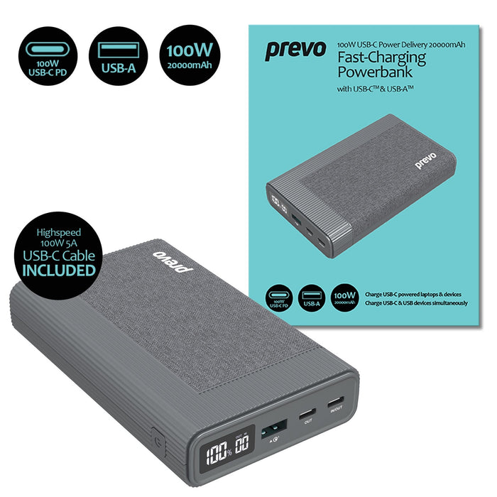 Prevo Business Travel Bundle with 100W Fast Charge 20000mAh Powerbank, 4-in-1 USB Hub with Gigabit Ethernet & 15.6-Inch Luxury-Lined Laptop Sleeve-Batteries-Gigante Computers