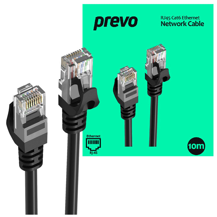 Prevo CAT6-BLK-10M Network Cable, RJ45 (M) to RJ45 (M), CAT6, 10m, Black, Oxygen Free Copper Core, Sturdy PVC Outer Sleeve & Clip Protector, Retail Box Packaging-Network Cables-Gigante Computers
