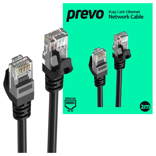 Prevo CAT6-BLK-2M Network Cable, RJ45 (M) to RJ45 (M), CAT6, 2m, Black, Oxygen Free Copper Core, Sturdy PVC Outer Sleeve & Clip Protector, Retail Box Packaging-Network Cables-Gigante Computers