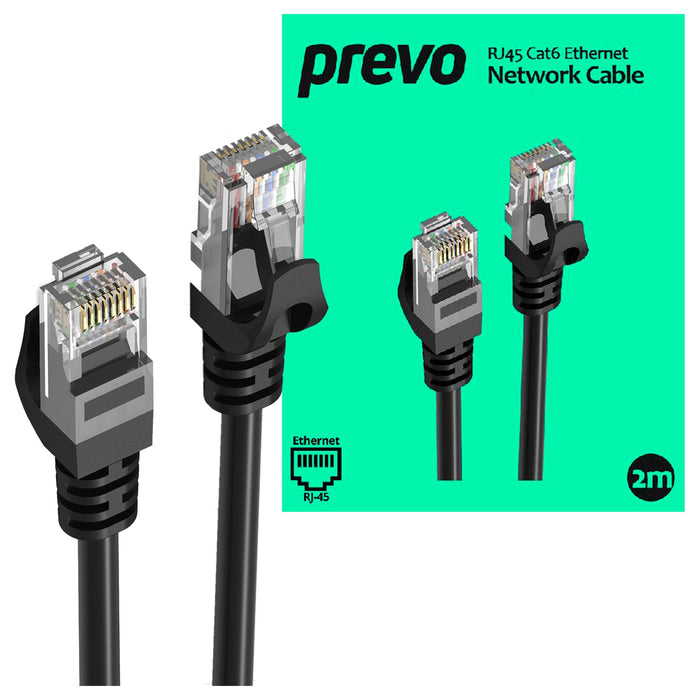 Prevo CAT6-BLK-2M Network Cable, RJ45 (M) to RJ45 (M), CAT6, 2m, Black, Oxygen Free Copper Core, Sturdy PVC Outer Sleeve & Clip Protector, Retail Box Packaging-Network Cables-Gigante Computers
