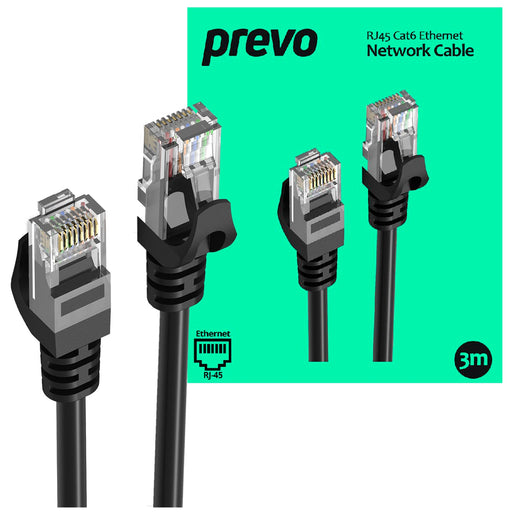 Prevo CAT6-BLK-3M Network Cable, RJ45 (M) to RJ45 (M), CAT6, 3m, Black, Oxygen Free Copper Core, Sturdy PVC Outer Sleeve & Clip Protector, Retail Box Packaging-Network Cables-Gigante Computers