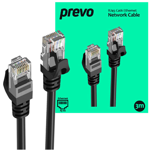 Prevo CAT6-BLK-3M Network Cable, RJ45 (M) to RJ45 (M), CAT6, 3m, Black, Oxygen Free Copper Core, Sturdy PVC Outer Sleeve & Clip Protector, Retail Box Packaging-Network Cables-Gigante Computers