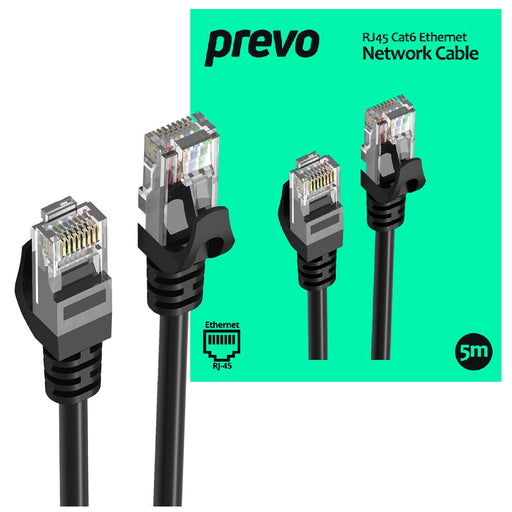 Prevo CAT6-BLK-5M Network Cable, RJ45 (M) to RJ45 (M), CAT6, 5m, Black, Oxygen Free Copper Core, Sturdy PVC Outer Sleeve & Clip Protector, Retail Box Packaging-Network Cables-Gigante Computers