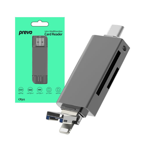 Prevo CR312 USB 2.0, USB Type-C and Lightening Connection, Card Reader, High-speed Memory Card Adapter Supports SD/Micro SD/TF/SDHC/SDXC/MMC, Compatible with Windows, Mac OS and Android, Black-Card Readers-Gigante Computers