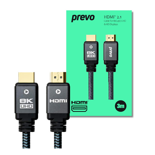 Prevo HDMI-2.1-3M HDMI Cable, HDMI 2.1 (M) to HDMI 2.1 (M), 3m, Black & Grey, Supports Displays up to 8K@60Hz, 99.9% Oxygen-Free Copper with Gold-Plated Connectors, Superior Design & Performance, Retail Box Packaging-Cables-Gigante Computers