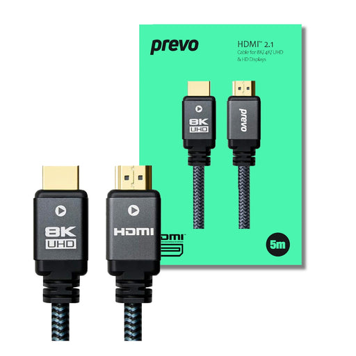 Prevo HDMI-2.1-5M HDMI Cable, HDMI 2.1 (M) to HDMI 2.1 (M), 5m, Black & Grey, Supports Displays up to 8K@60Hz, 99.9% Oxygen-Free Copper with Gold-Plated Connectors, Superior Design & Performance, Retail Box Packaging-Cables-Gigante Computers
