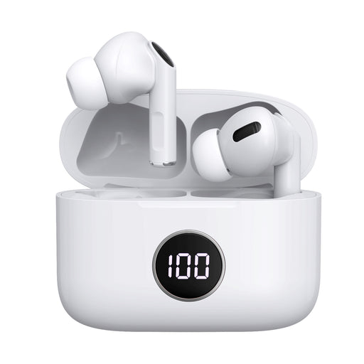 Prevo M10 Active Noise Cancelling TWS Earbuds, Bluetooth 5.3, Automatic Pairing, Touch Control Feature with Digital LED Display Wireless Charging Case, Android, IOS and Windows Compatible, White-Speakers-Gigante Computers