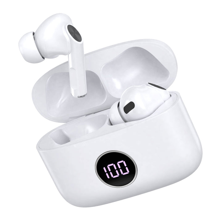 Prevo M10 Active Noise Cancelling TWS Earbuds, Bluetooth 5.3, Automatic Pairing, Touch Control Feature with Digital LED Display Wireless Charging Case, Android, IOS and Windows Compatible, White-Speakers-Gigante Computers