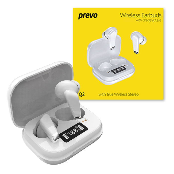 Prevo Q2 TWS Earbuds, Bluetooth 5.1, Automatic Pairing, Touch Control Feature with Digital LED Display Wireless Charging Case, Android, IOS and Windows Compatible, White-Speakers-Gigante Computers