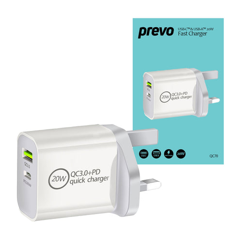 Prevo QC70 20W USB Type-C & USB Type-A Fast Charge Mains Charger with QC 3.0 and 2m USB-C Cable for Laptops, Ultrabooks, Chromebooks, iPads, MacBooks, Smartphones, Tablets, Mobile Devices, Action Cameras, DSLRs-Cables-Gigante Computers