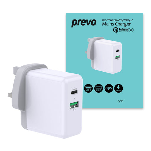 Prevo QC72 USB Type-C & USB Type-A Fast Charge Mains Charger with Qualcomm Quick Charge 3.0 for Laptops, Ultrabooks, Chromebooks, iPads, MacBooks, Smartphones, Tablets, Mobile Devices, Action Cameras, DSLRs-Cables-Gigante Computers