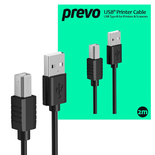Prevo USBA-USBB-2M USB Printer Cable, USB 2.0 Type-A (M) to USB 2.0 Type-B (M), 2m, Black, 480Mbps Transmission Rate, Suitable for Printers & Scanners, Retail Box Packaging-Cables-Gigante Computers