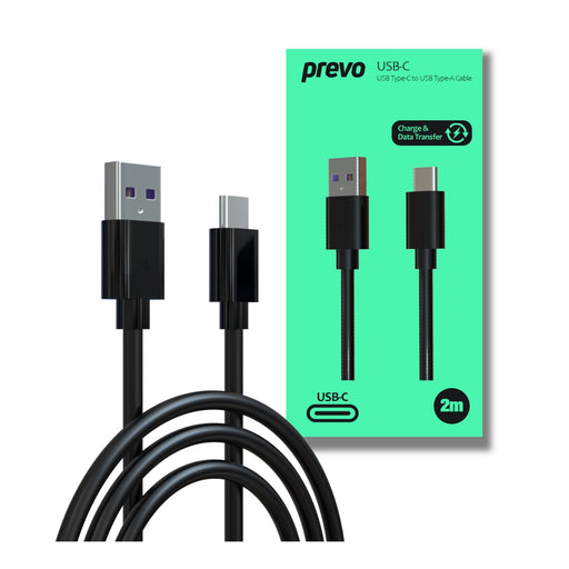Prevo USBA-USBC-2M Data Cable, USB 2.0 Type-C (M) to USB 2.0 Type-A (M), 2m, Black, Fast Charging up to 2.1A / 5V, Nickel Plated Connectors, Superior Design & Performance, Retail Box Packaging-Cables-Gigante Computers